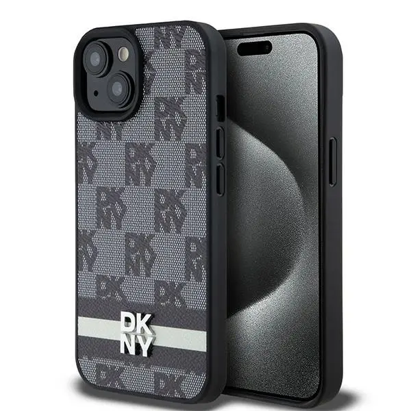 Etui DKNY Leather Checkered Mono Pattern & Printed Stripes do iPhone 15 Plus Czarny