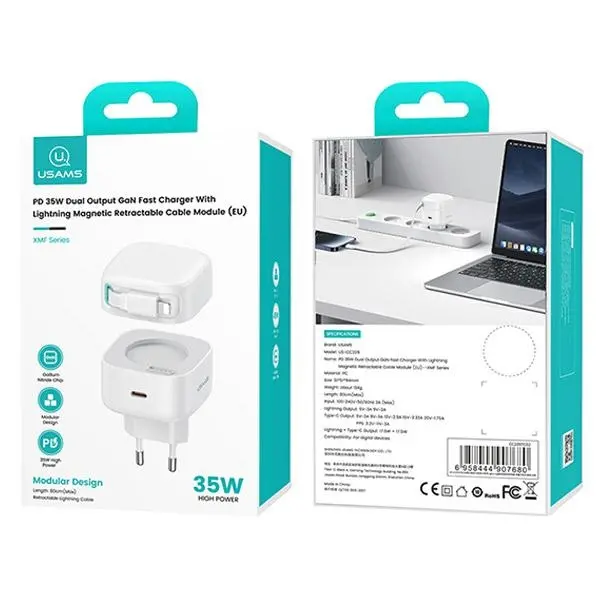 Ładowarka sieciowa USAMS CC209TC02 USB-C ze zwijanym kablem Lighning 35W Biały