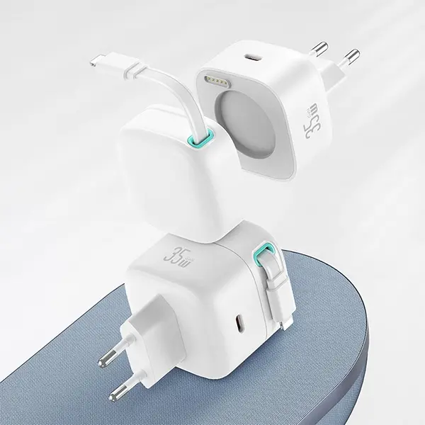 Ładowarka sieciowa USAMS CC209TC02 USB-C ze zwijanym kablem Lighning 35W Biały