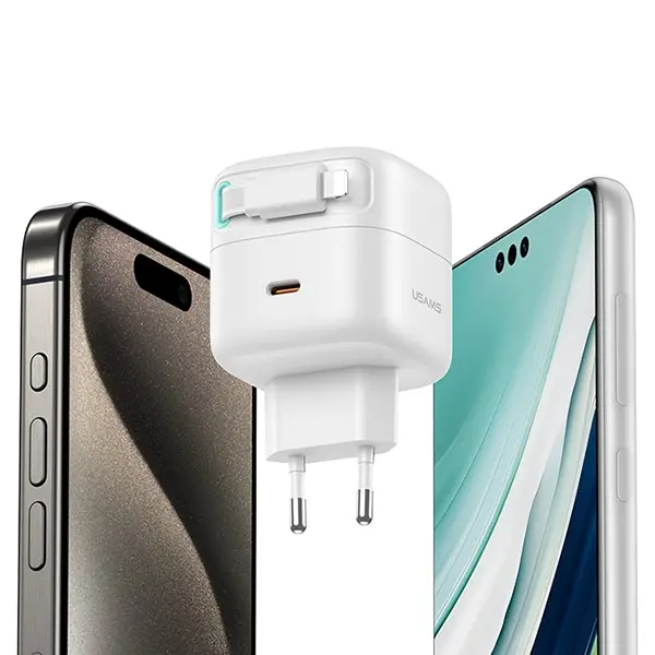 Ładowarka sieciowa USAMS CC209TC02 USB-C ze zwijanym kablem Lighning 35W Biały