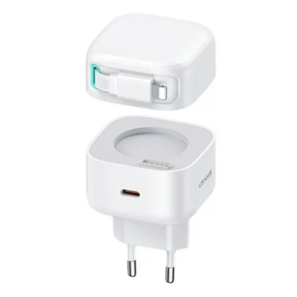 Ładowarka sieciowa USAMS CC209TC02 USB-C ze zwijanym kablem Lighning 35W Biały
