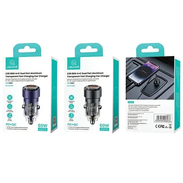 Ładowarka samochodowa USAMS C39 USB+USB-C 60W Fioletowy