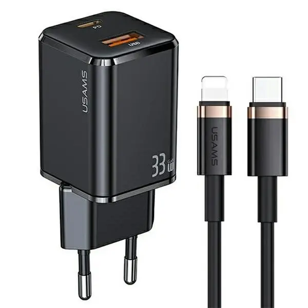 Ładowarka sieciowa USAMS T43 USB-C+USB 33W + kabel lightning Czarny