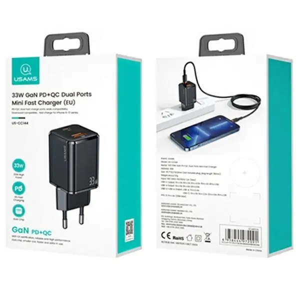 Ładowarka sieciowa USAMS T43 USB-C+USB 33W + kabel lightning Czarny