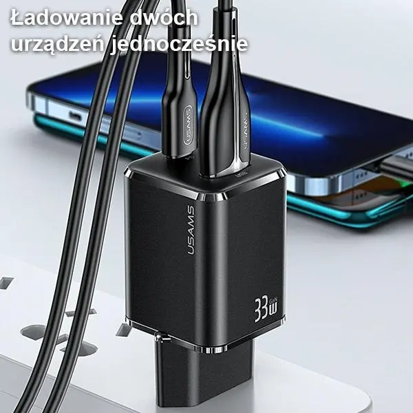 Ładowarka sieciowa USAMS T43 USB-C+USB 33W + kabel lightning Czarny