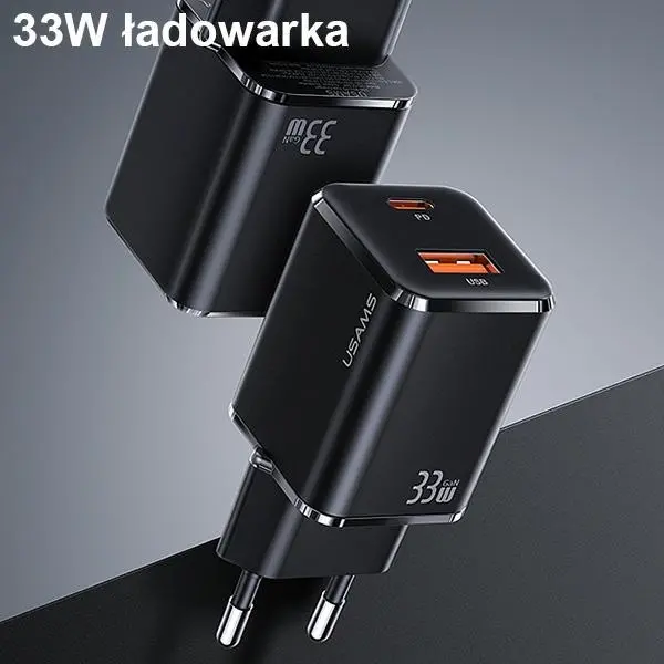 Ładowarka sieciowa USAMS T43 USB-C+USB 33W + kabel lightning Czarny