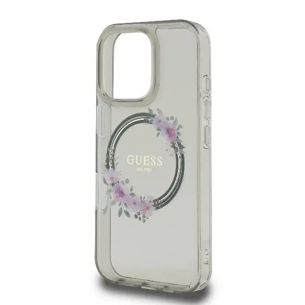 Etui Guess IML Flowers Wreath MagSafe do iPhone 16 Czarny