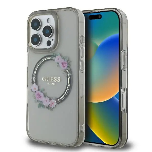 Etui Guess IML Flowers Wreath MagSafe do iPhone 16 Czarny