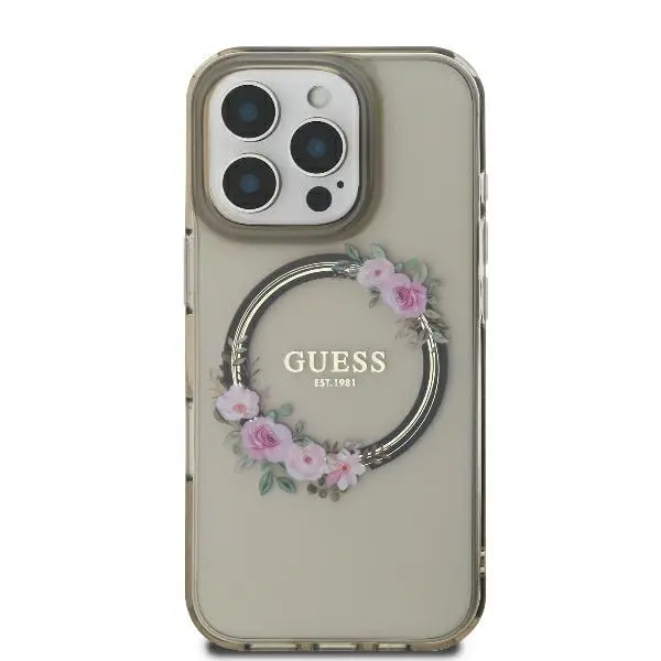 Etui Guess IML Flowers Wreath MagSafe do iPhone 16 Czarny