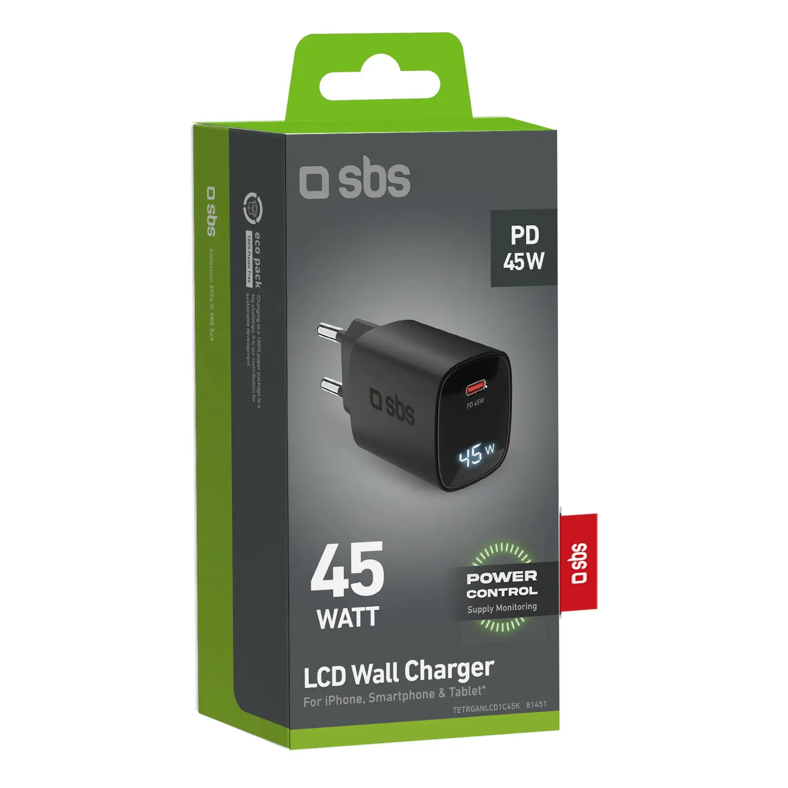 Ładowarka sieciowa SBS LCD GaN PD45W USB-C Niebieski