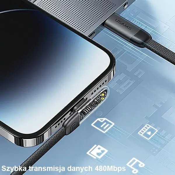 Kabel USAMS USB-C do Lightning PD 20W Fast Charging Iceflake Series 2m Czarny