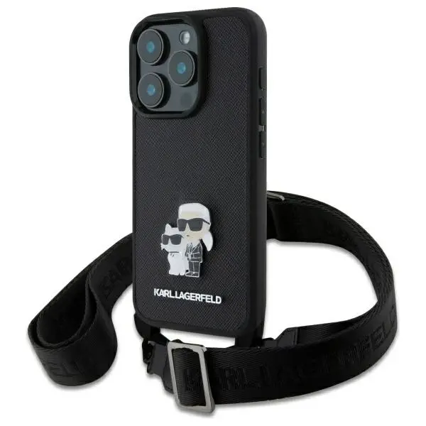 Etui Karl Lagerfeld Saffiano Karl&Choupette Metal Pin CBDY Strap do iPhone 16 Pro Czarny