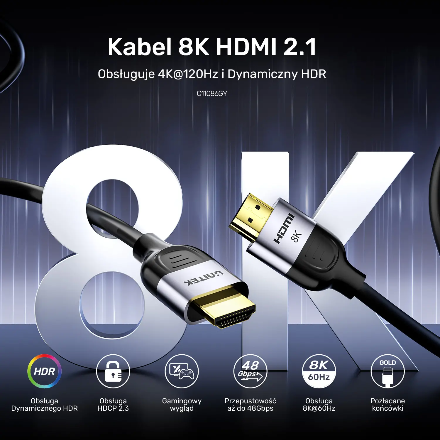 Kabel HDMI Unitek C11086GY01-2M HDMI 2.1 8K 60Hz 2m Czarny