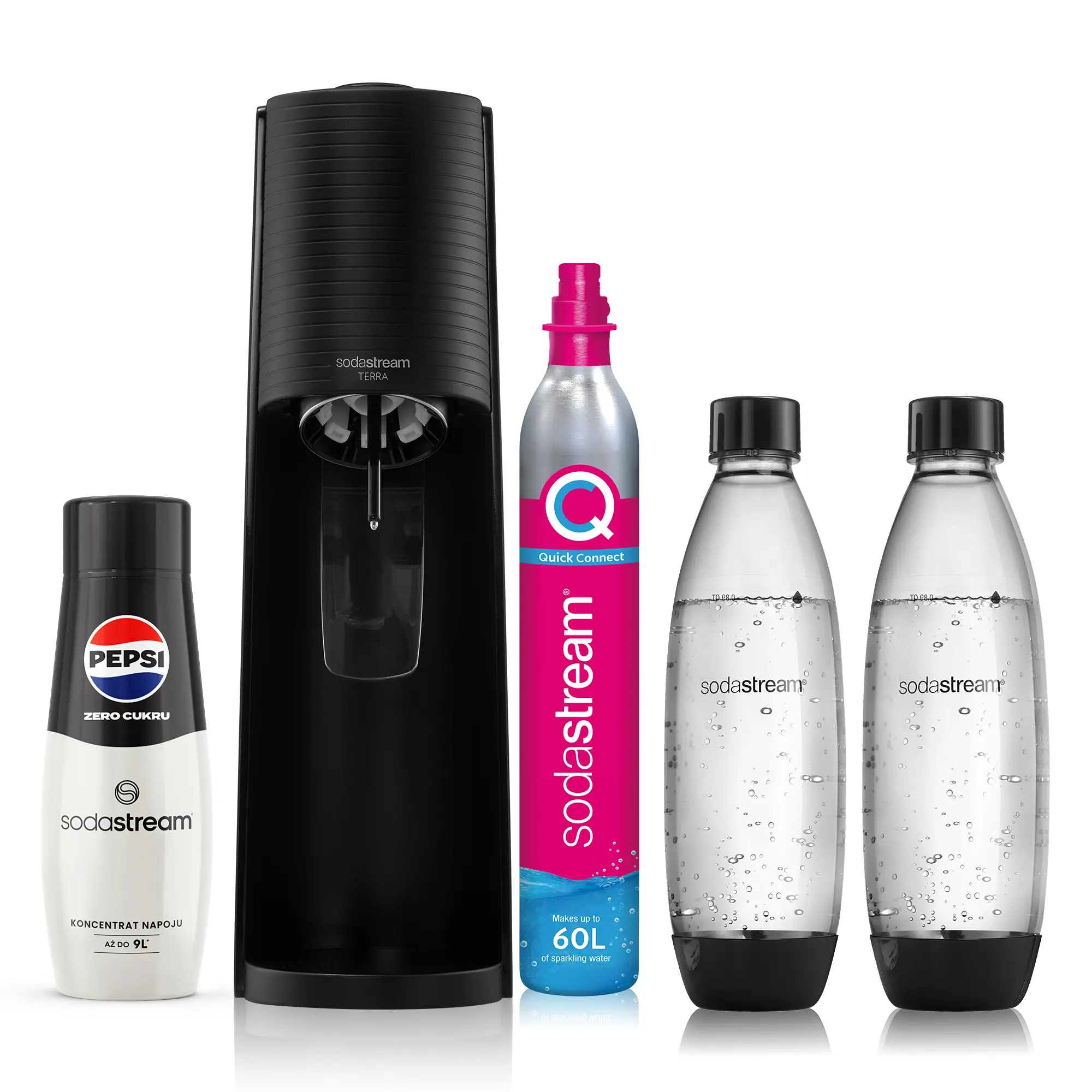 Sodastream Terra + 2 butelki  + Syrop Pepsi Zero Cukru + Nabój z gazem CO2