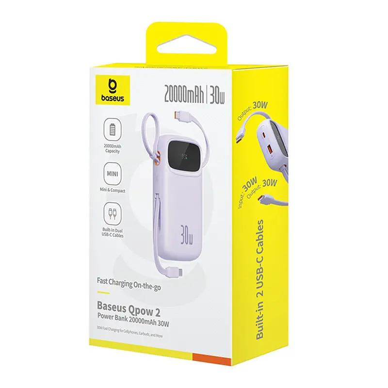 Powerbank Baseus P10055009513-00 QPow 2 z kablem USB-C 20000mAh 30W Fioletowy