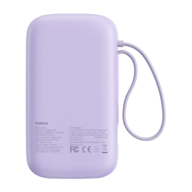 Powerbank Baseus P10055009513-00 QPow 2 z kablem USB-C 20000mAh 30W Fioletowy