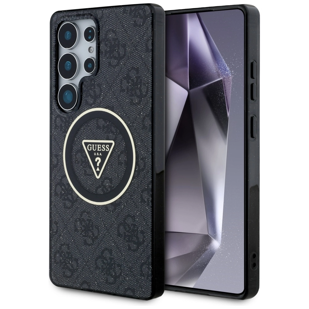 Etui Guess 4G Glitter Triangle Buttons MagSafe do Galaxy S25 Ultra Czarny