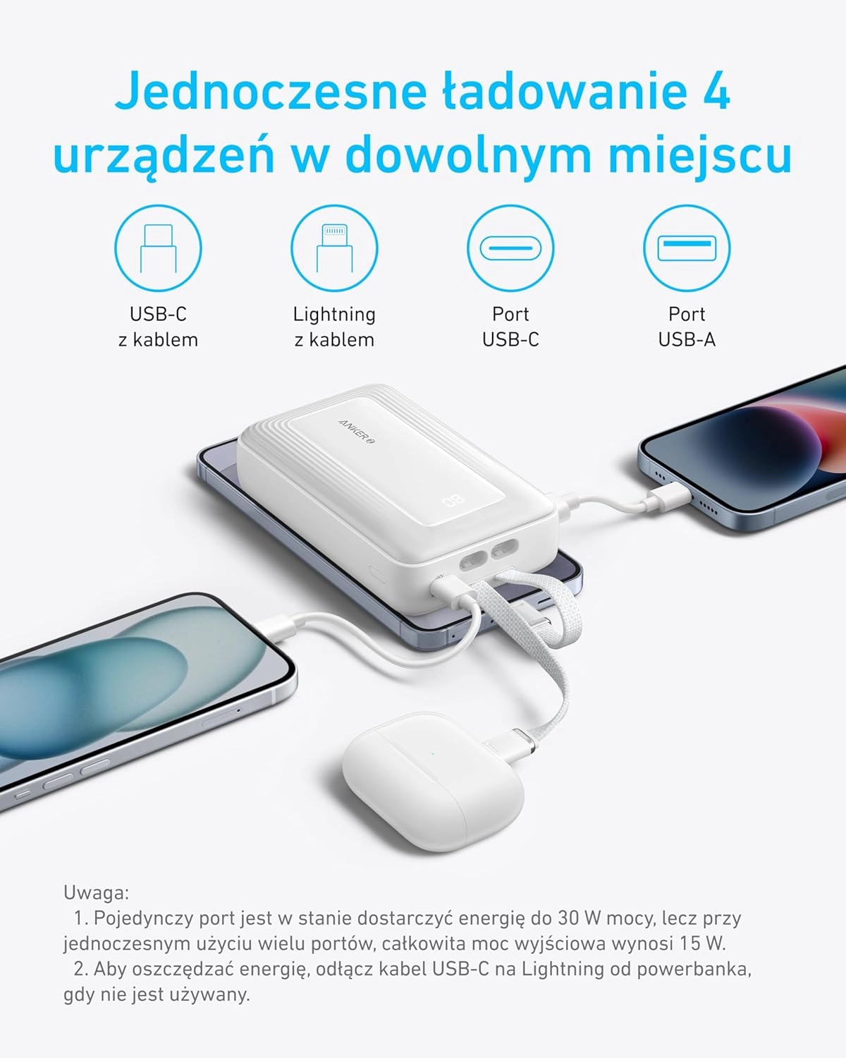 Powerbank Anker Zolo (A1681H21) 20000mAh 30W wbudowany kabel USB-C i Lightning Biały