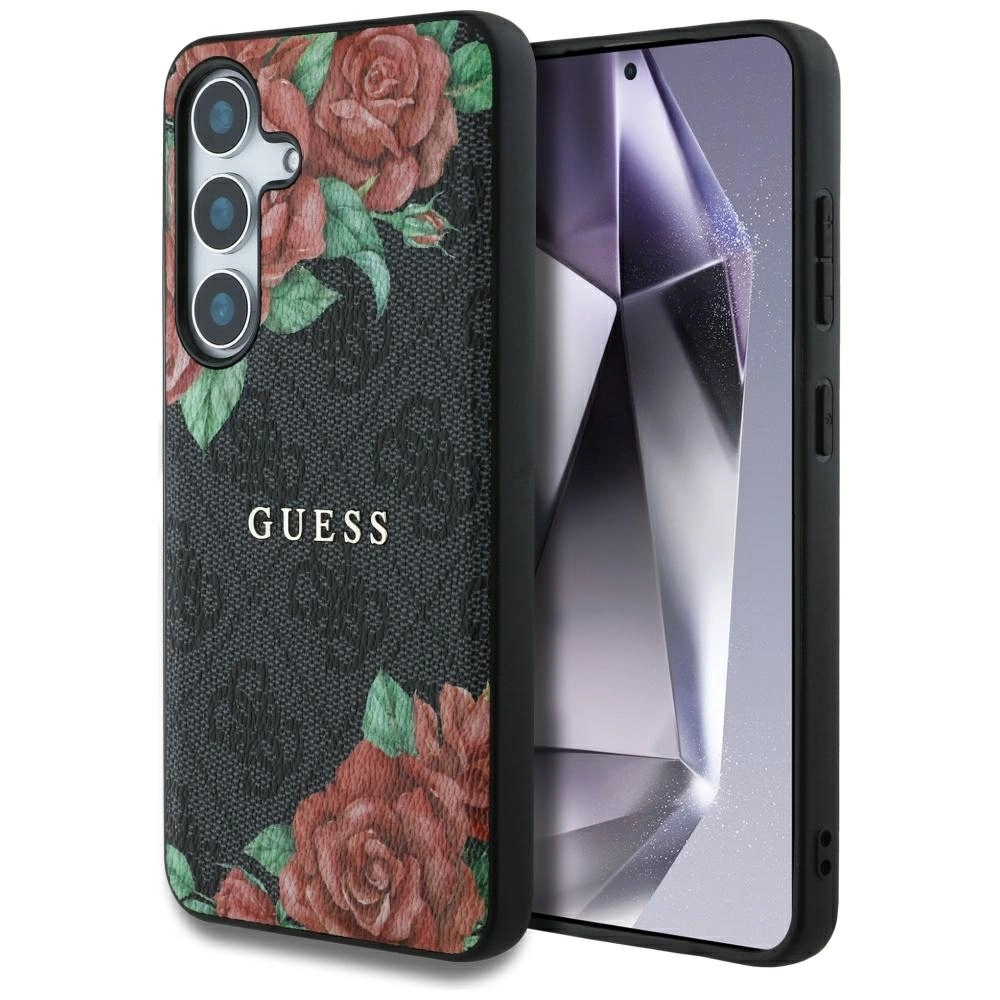 Etui Guess Leather 4G Flowers Print Metal Classic Logo MagSafe Galaxy S25 Czarny