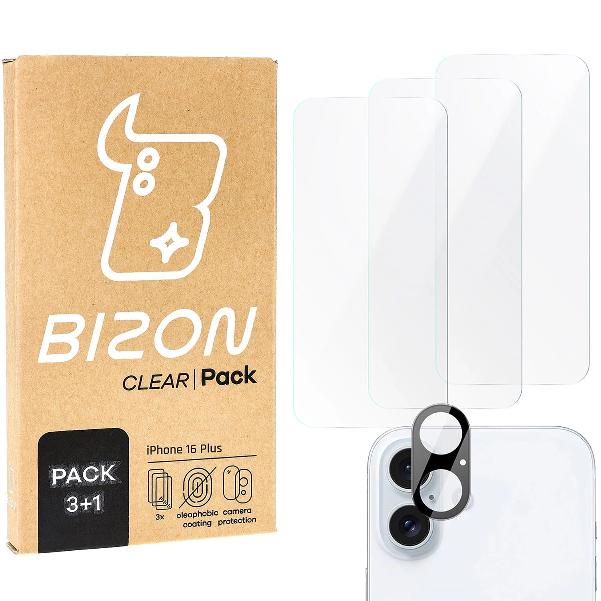 Zestaw ochronny Bizon 3x szkło hartowane + szybka na aparat Clear 2 Pack do Apple iPhone 16 Plus