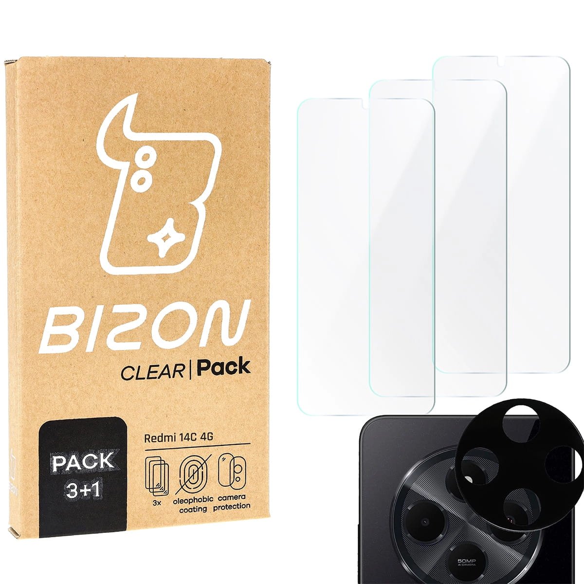 Zestaw ochronny Bizon 3x szkło hartowane + szybka na aparat Clear 2 Pack do Xiaomi Redmi 14C 4G