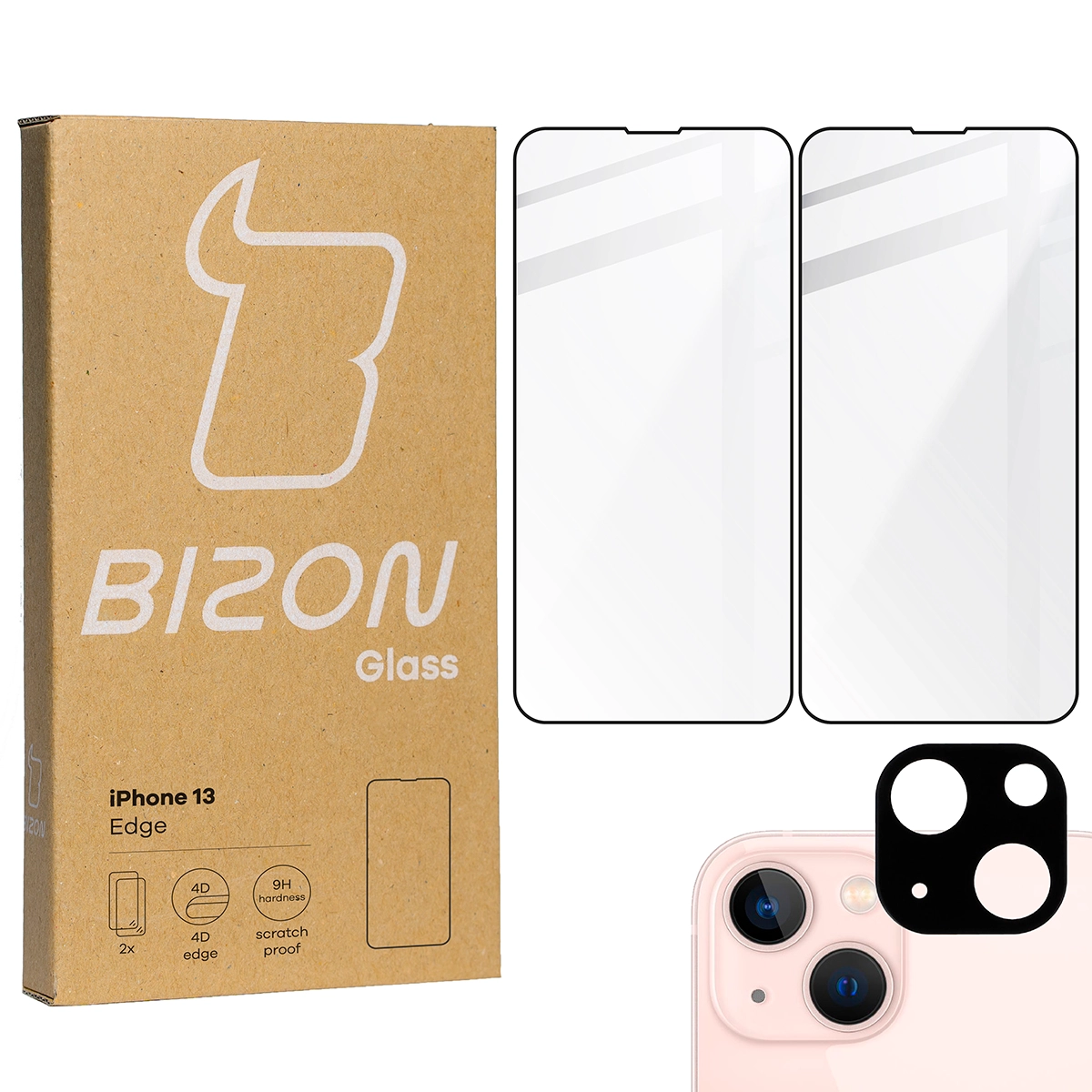 Zestaw ochronny Bizon 2x szkło hartowane + ochrona na obiektyw iPhone 13 czarne