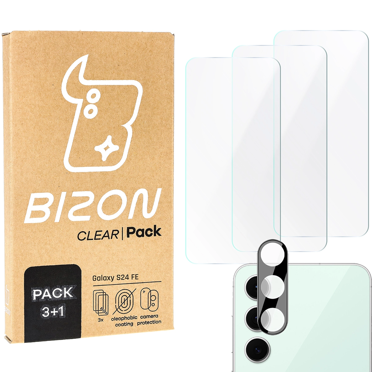 Zestaw ochronny Bizon 3x szkło hartowane + szybka na aparat Clear 2 Pack do Galaxy S24 FE