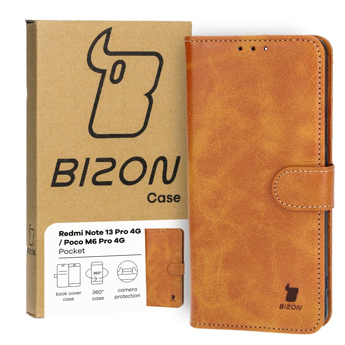 Etui Bizon z klapką Pocket do Xiaomi Poco M6 Pro 4G/Xiaomi Redmi Note 13 Pro 4G Brązowy
