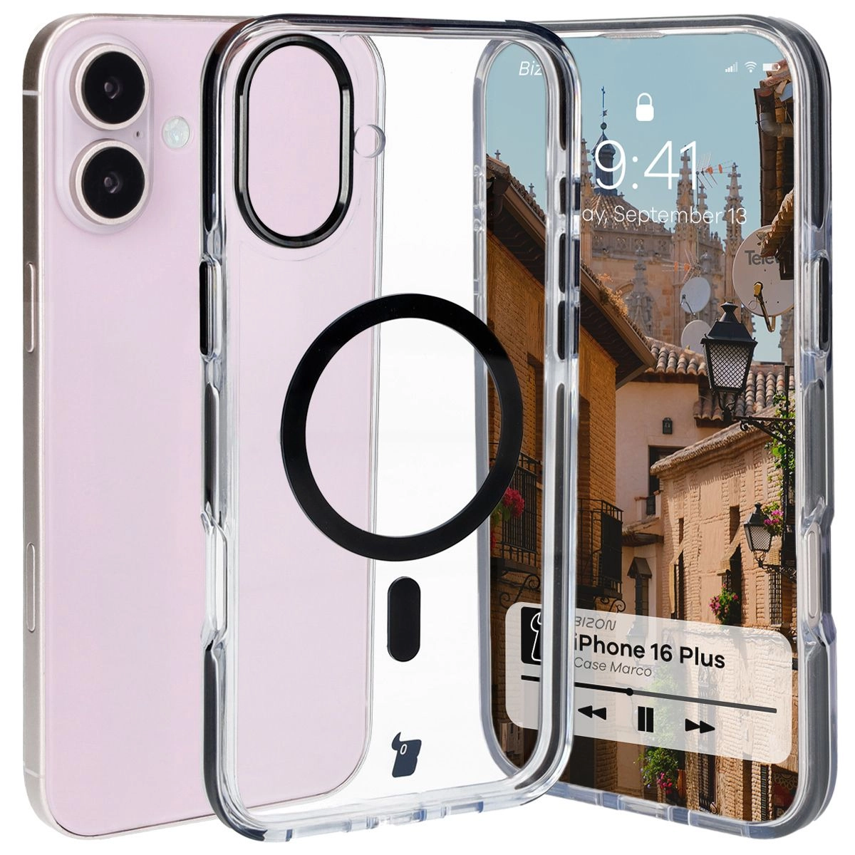 Etui Bizon Marco z MagSafe do iPhone 16 Plus Przezroczyste z czarną ramką