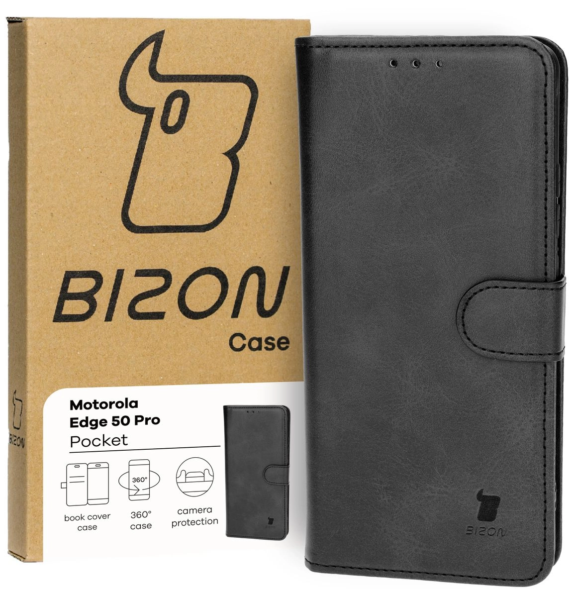 Etui Bizon z klapką Pocket do Motorola Edge 50 Pro Czarny