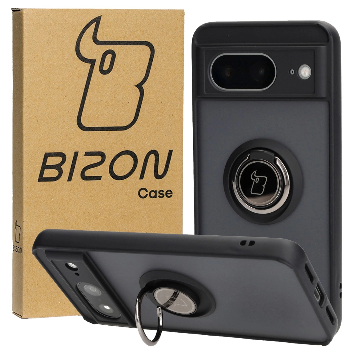Etui Bizon z uchwytem na palec Hybrid Ring do Google Pixel 8 Przydymione z czarną ramką