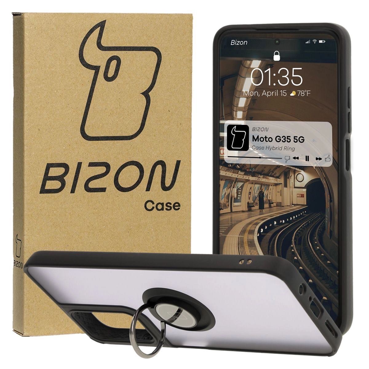 Etui Bizon z uchwytem na palec Hybrid Ring do Motorola Moto G35 5G Przydymione z czarną ramką