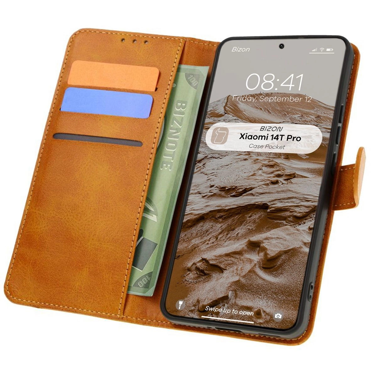 Etui Bizon z klapką Pocket do Xiaomi 14T Pro Brązowy