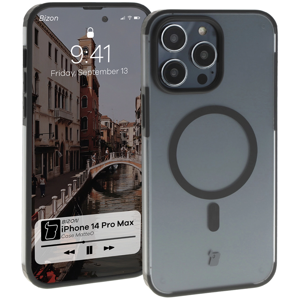 Etui Bizon MatteO z MagSafe do iPhone 14 Pro Max Półprzezroczyste z czarną ramką