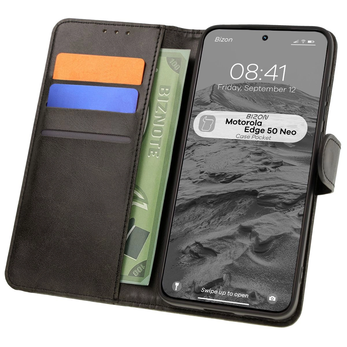 Etui Bizon z klapką Pocket do Motorola Edge 50 Neo Czarny