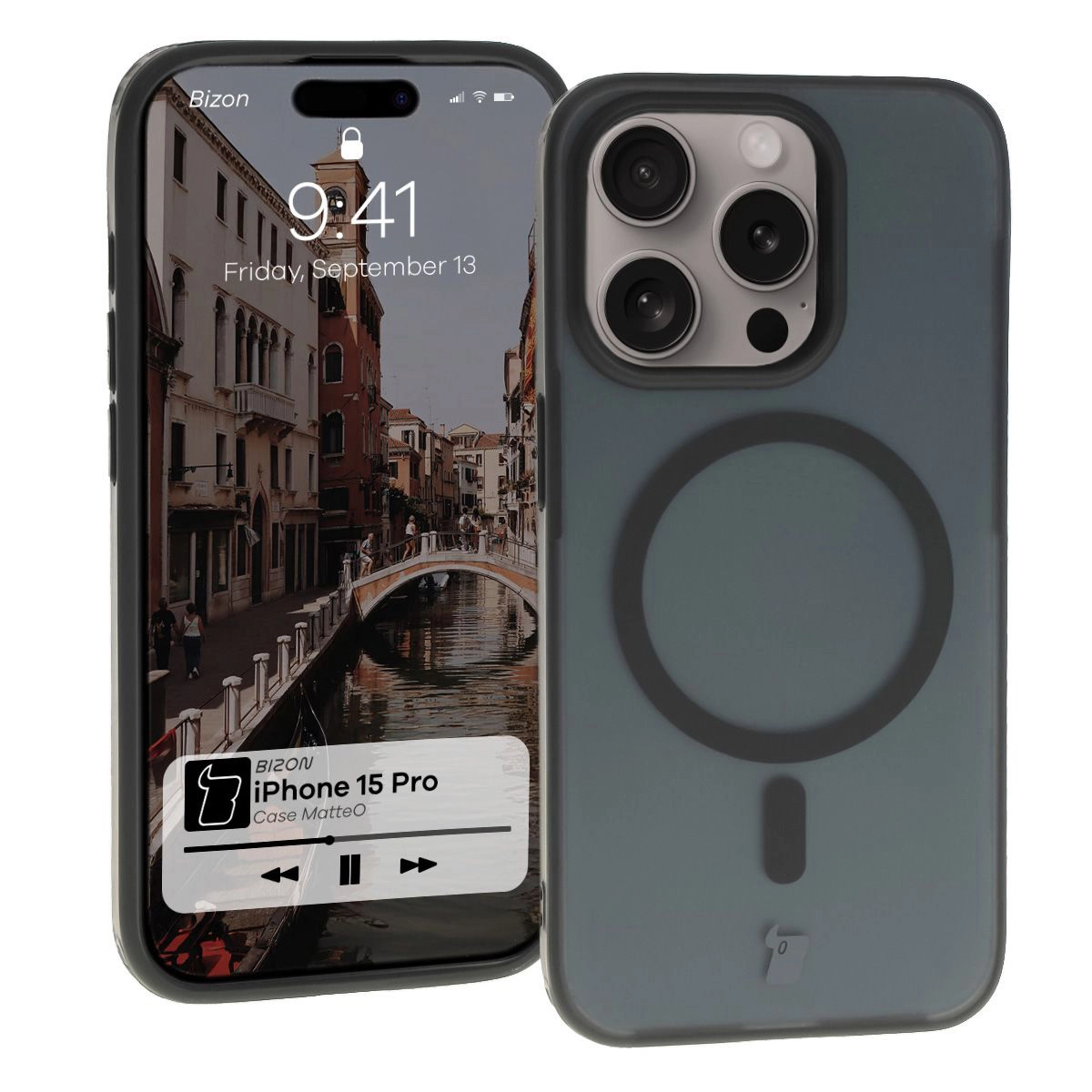 Etui Bizon MatteO z MagSafe do iPhone 15 Pro Półprzezroczyste z czarną ramką