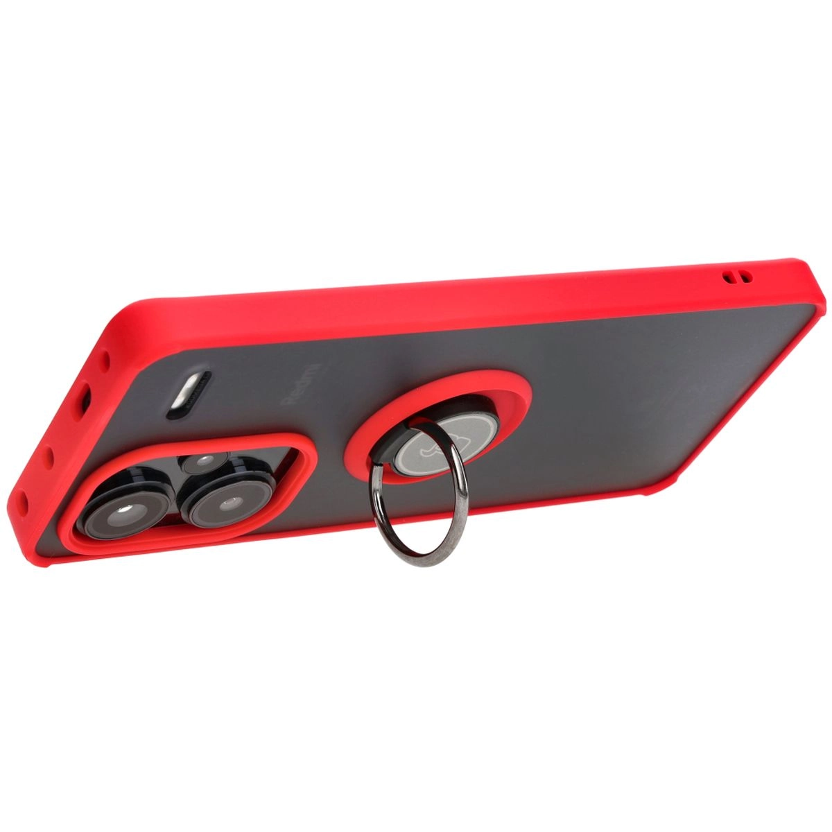 Etui Bizon z uchwytem na palec Hybrid Ring do Xiaomi Redmi Note 13 Pro+ 5G Przydymione z czerwoną ramką