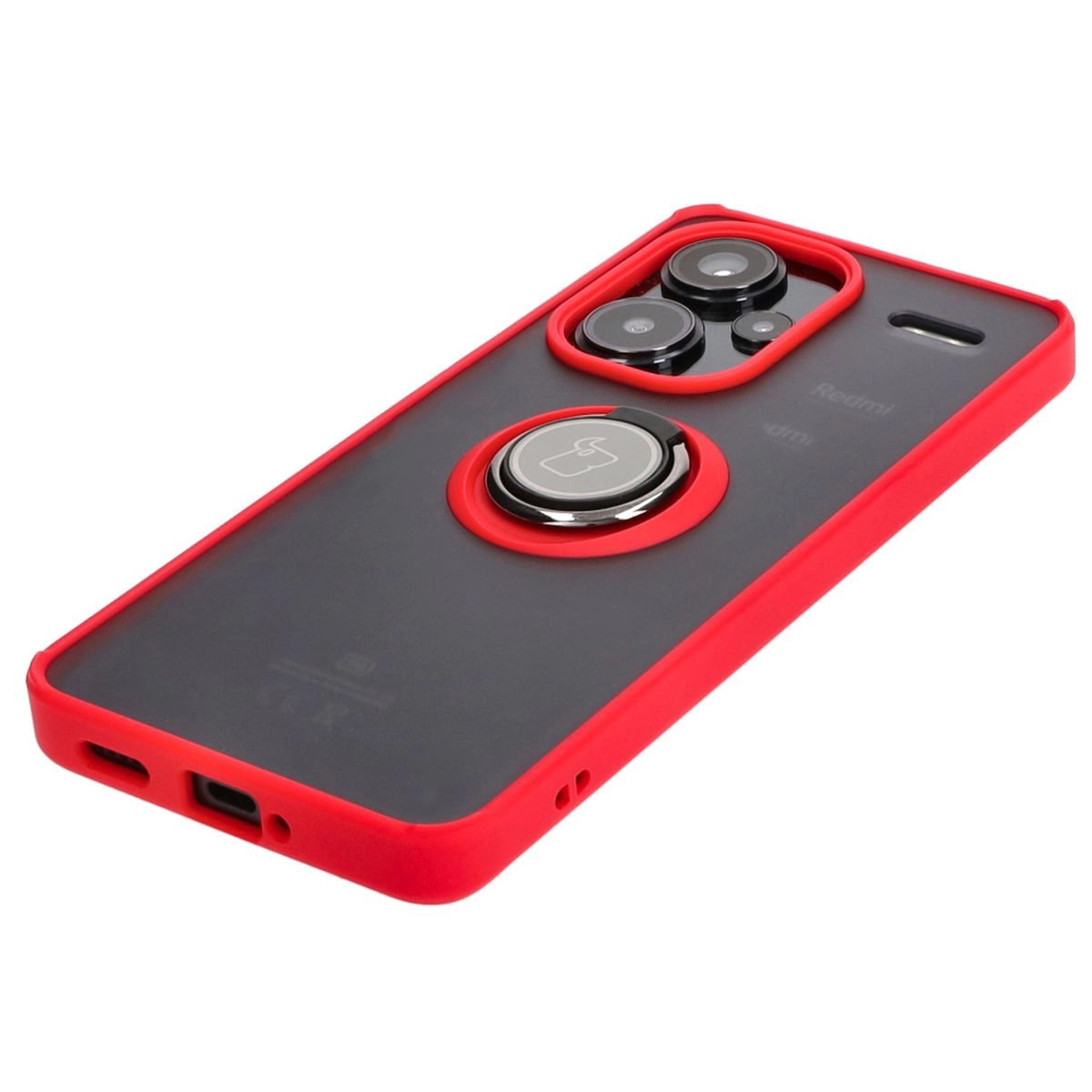 Etui Bizon z uchwytem na palec Hybrid Ring do Xiaomi Redmi Note 13 Pro+ 5G Przydymione z czerwoną ramką