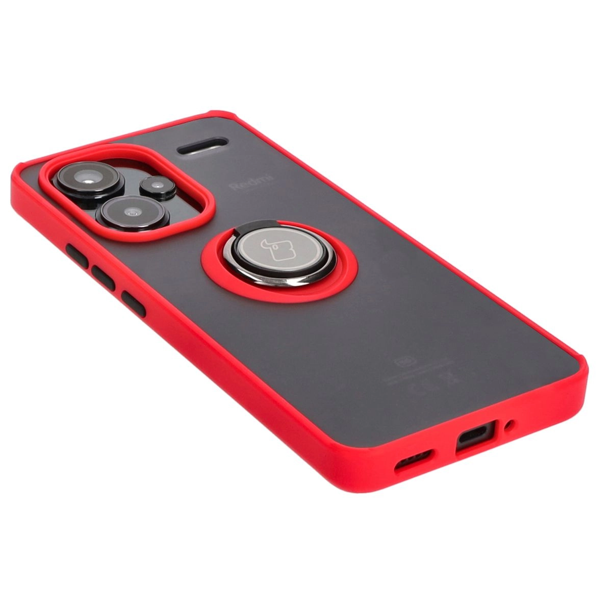 Etui Bizon z uchwytem na palec Hybrid Ring do Xiaomi Redmi Note 13 Pro+ 5G Przydymione z czerwoną ramką