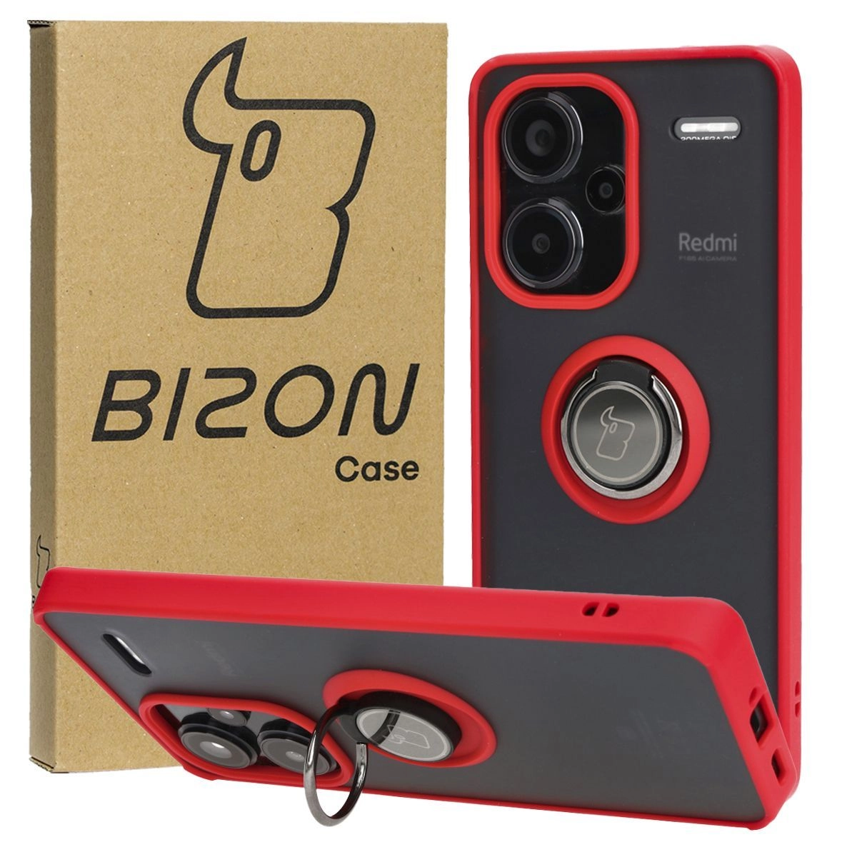 Etui Bizon z uchwytem na palec Hybrid Ring do Xiaomi Redmi Note 13 Pro+ 5G Przydymione z czerwoną ramką