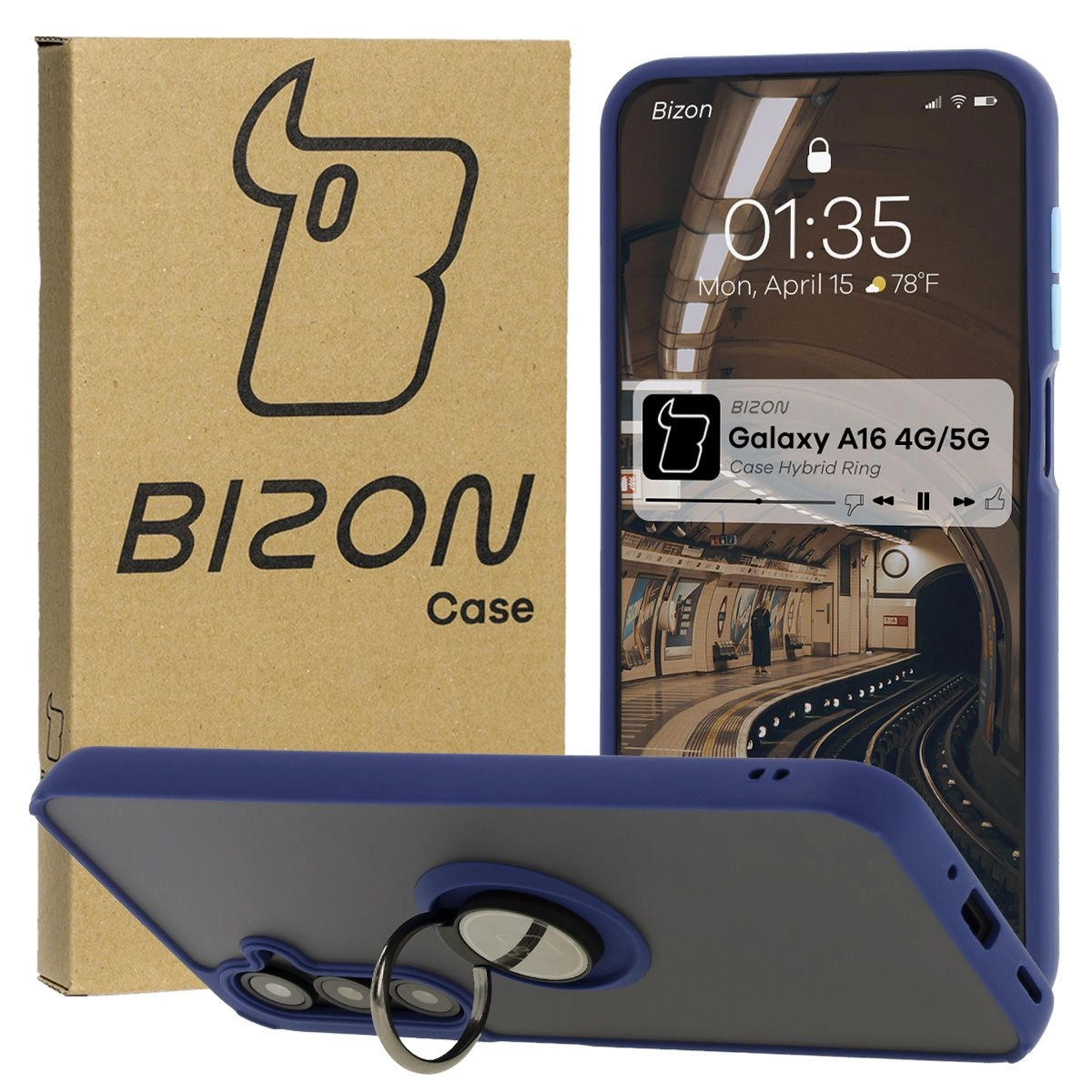 Etui Bizon z uchwytem na palec Hybrid Ring do Galaxy A55 5G Przydymione z granatową ramką