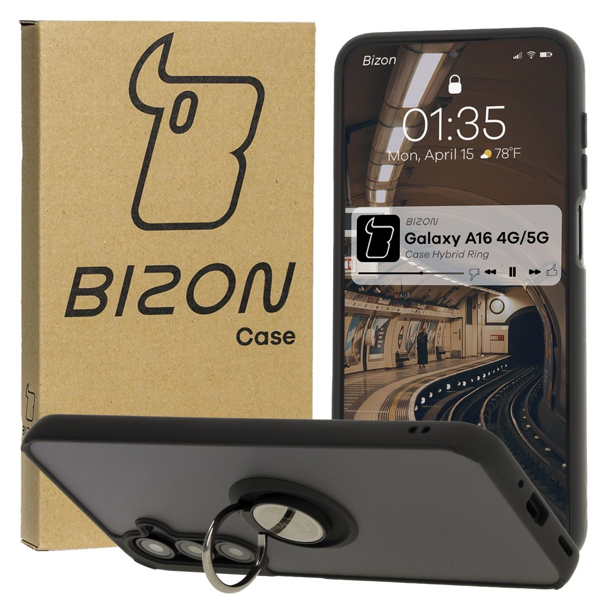 Etui Bizon z uchwytem na palec Hybrid Ring do Galaxy A16 4G/5G Przydymione z czarną ramką