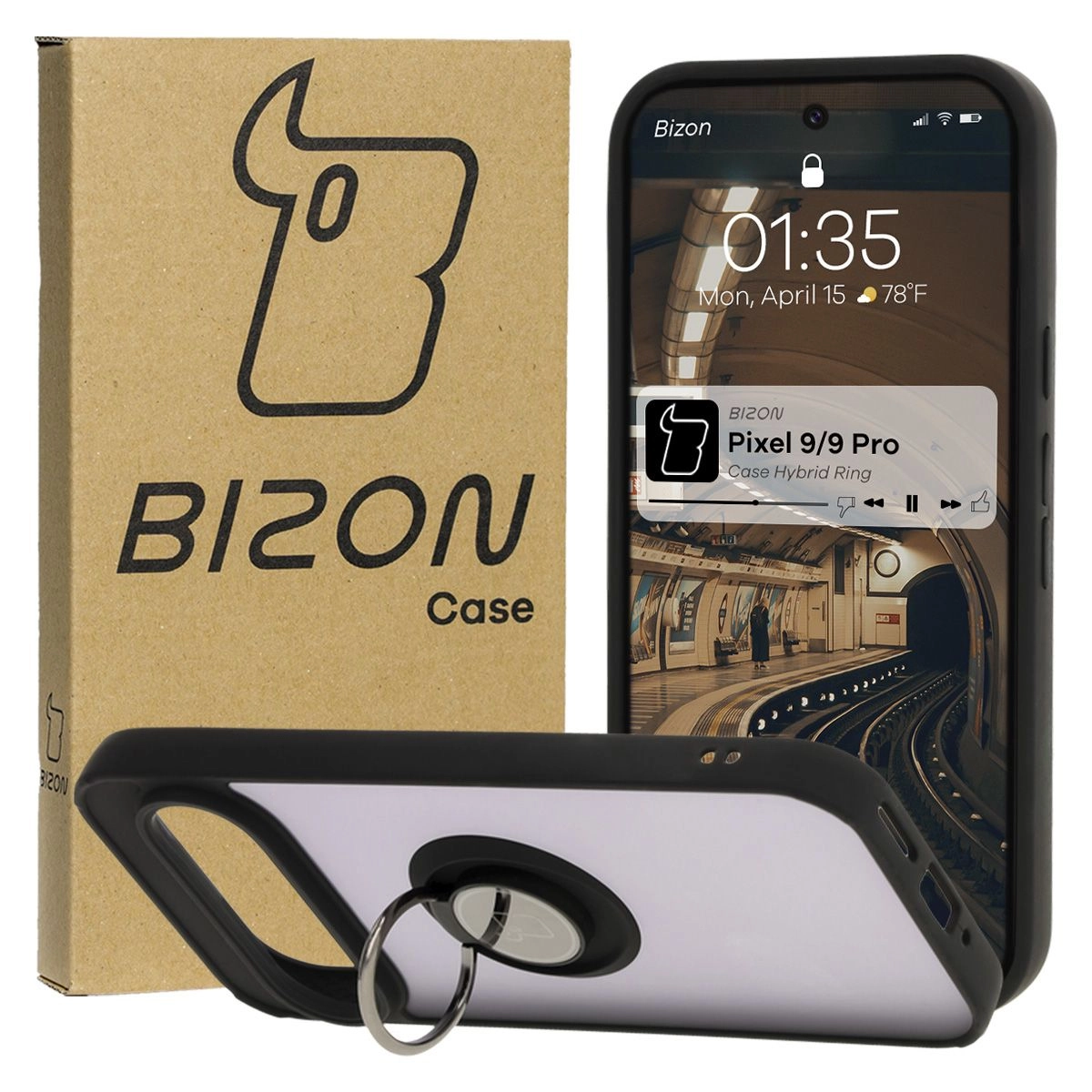 Etui Bizon z uchwytem na palec Hybrid Ring do Google Pixel 9 / 9 Pro Przydymione z czarną ramką