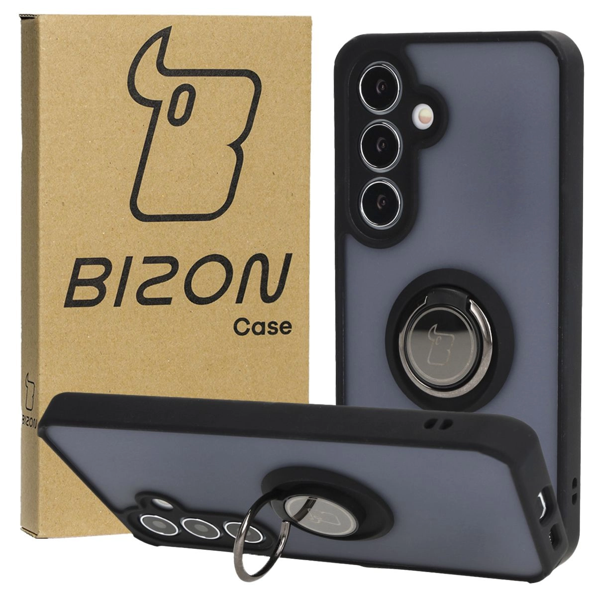 Etui Bizon z uchwytem na palec Hybrid Ring do Galaxy S25 / S24 Przydymione z czarną ramką
