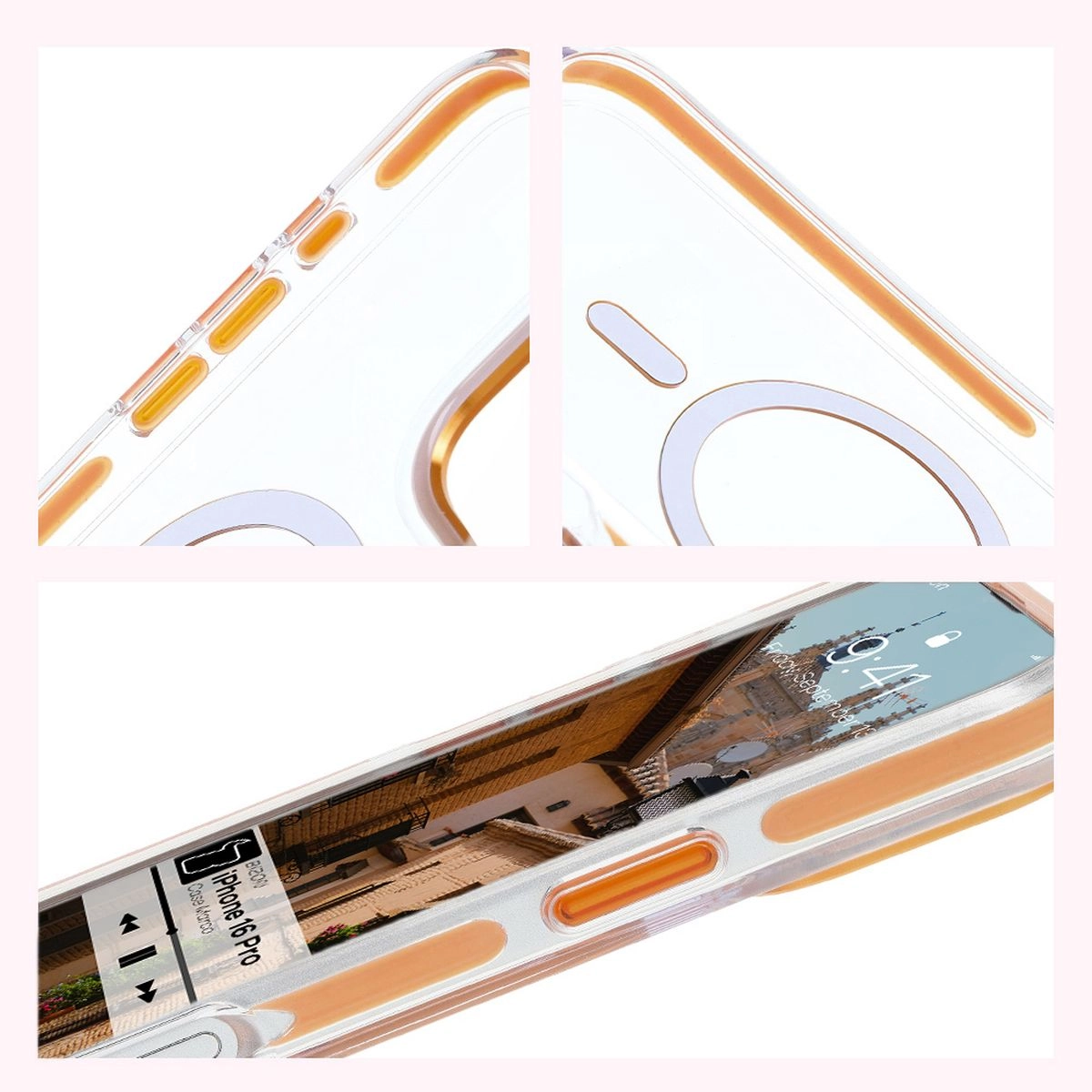 Etui Bizon Marco z MagSafe do iPhone 16 Pro Przezroczyste z pomarańczową ramką
