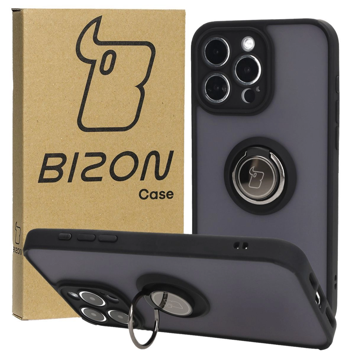 Etui Bizon z uchwytem na palec Hybrid Ring do iPhone 15 Pro Max Przydymione z czarną ramką