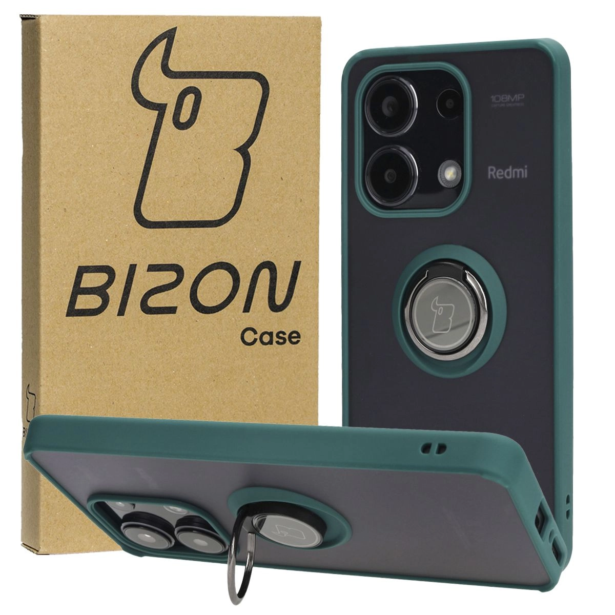 Etui Bizon z uchwytem na palec Hybrid Ring do Xiaomi Redmi Note 13 4G Przydymione z ciemnozieloną ramką