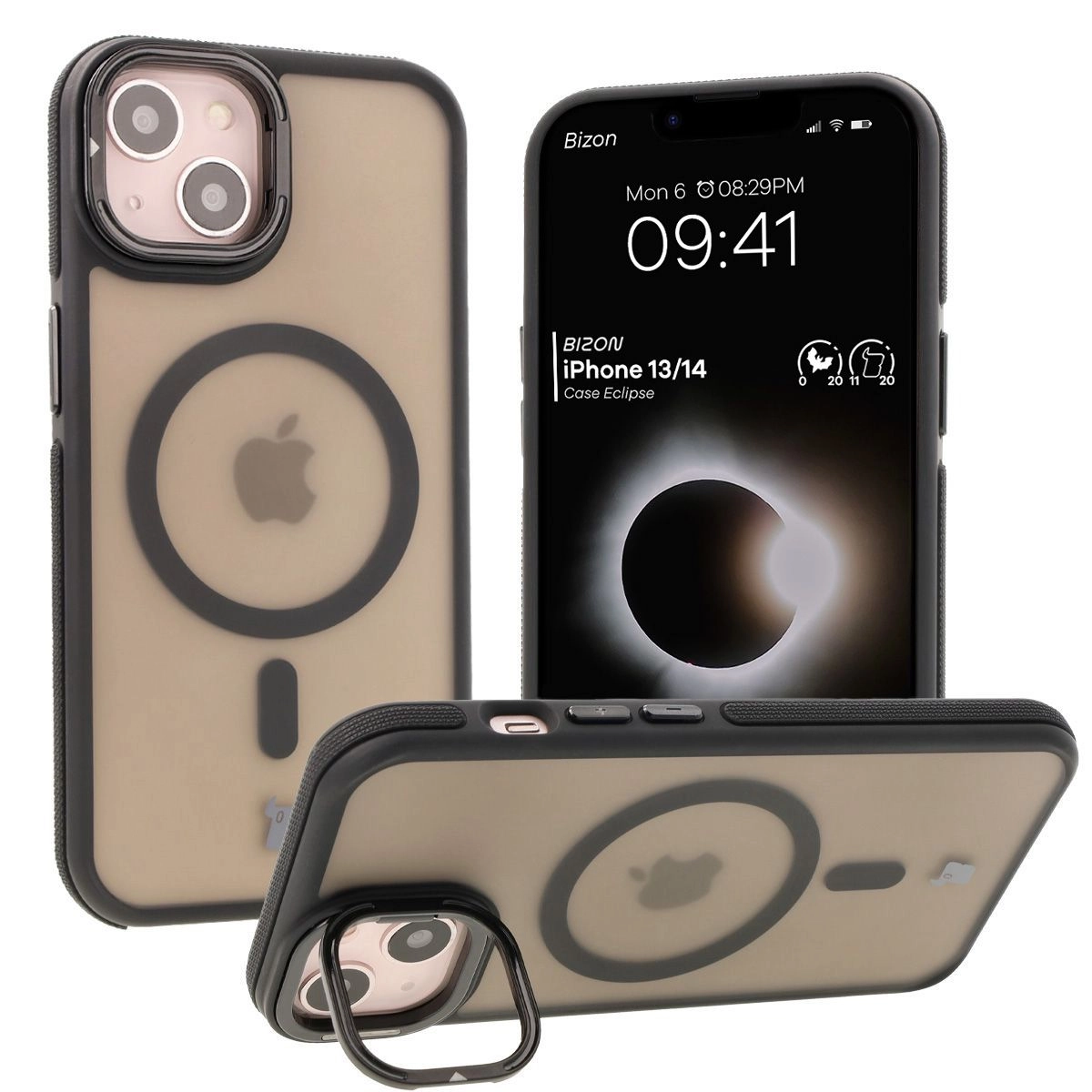 Etui Bizon Eclipse z MagSafe i podstawką do iPhone 14 / iPhone 13 Przydymione z czarną ramką