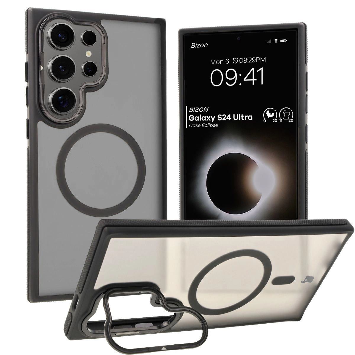 Etui Bizon Eclipse z MagSafe i podstawką do Galaxy S24 Ultra Przydymione z czarną ramką