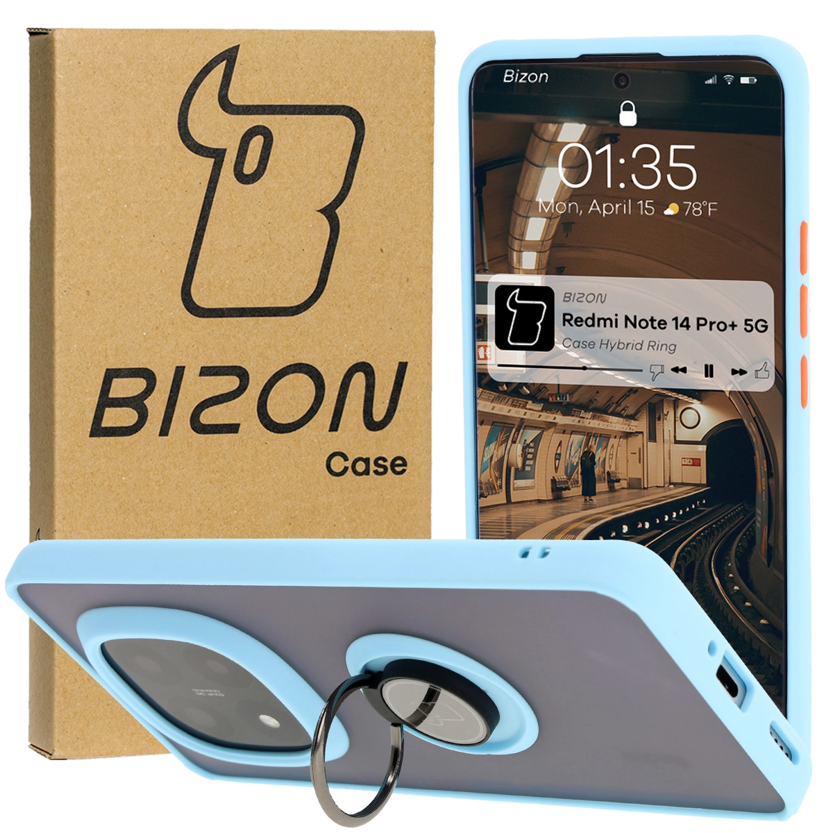 Etui Bizon z uchwytem na palec Hybrid Ring do Xiaomi Redmi Note 14 Pro Plus 5G Przydymione z jasnoniebieską ramką